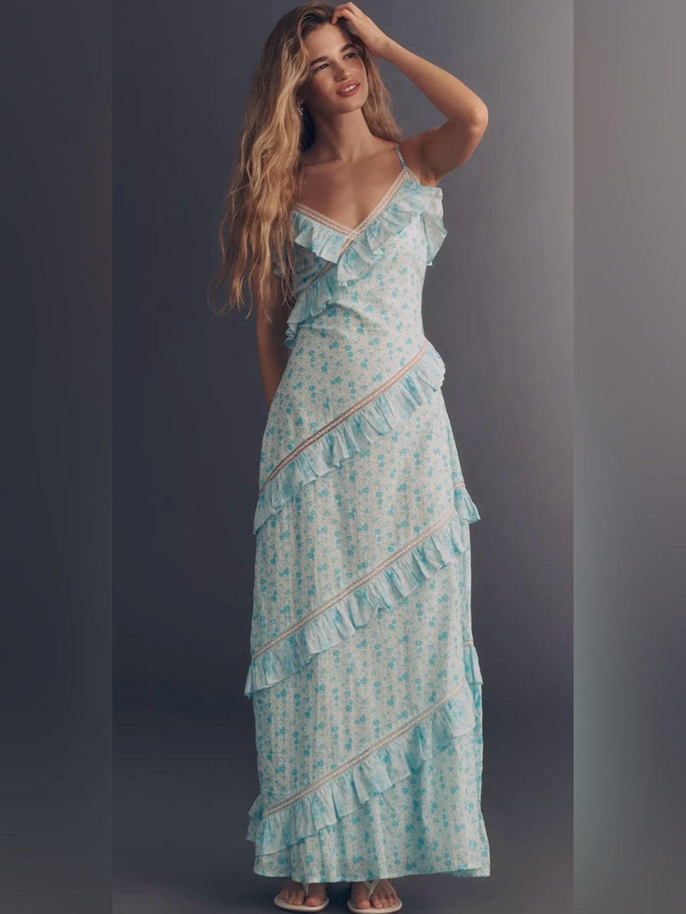 Amy Jane London Marilyn Cotton Voile Floral Lace Dress Blue 3XL $205